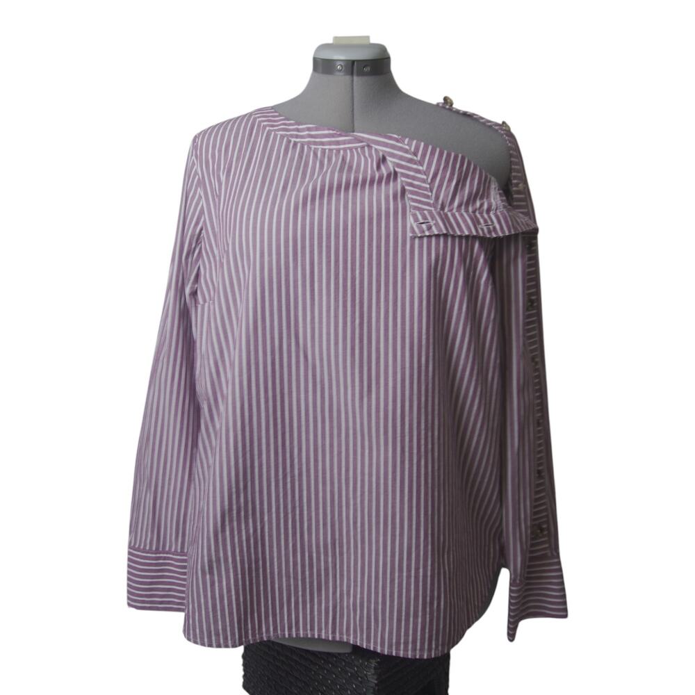 Talbots Purple White Striped Button Sleeve Shirt Sz L Cotton